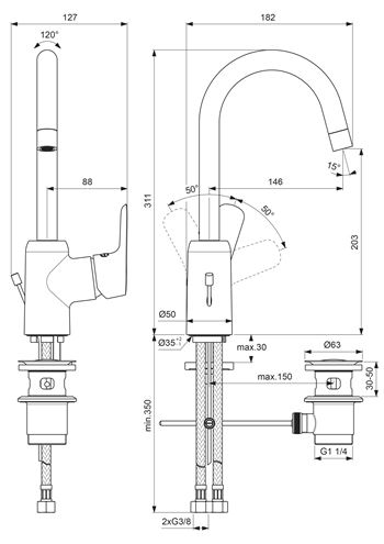 CONCEPT 100 umývadlová/drezová batéria, s odtokovou súpravou, chróm BC518AA Technický nákres