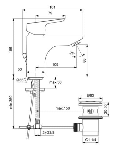 CONCEPT 100 umývadlová stojanková batéria, s odtokovou súpravou, chróm BC517AA Technický nákres