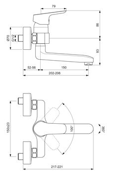 CONCEPT 100 umývadlová nástenná batéria, chróm BC519AA Technický nákres