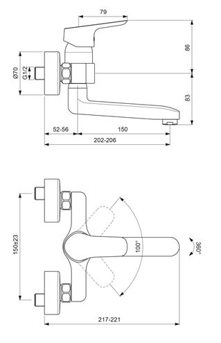 CONCEPT 100 umývadlová nástenná batéria, chróm BC519AA Technický nákres
