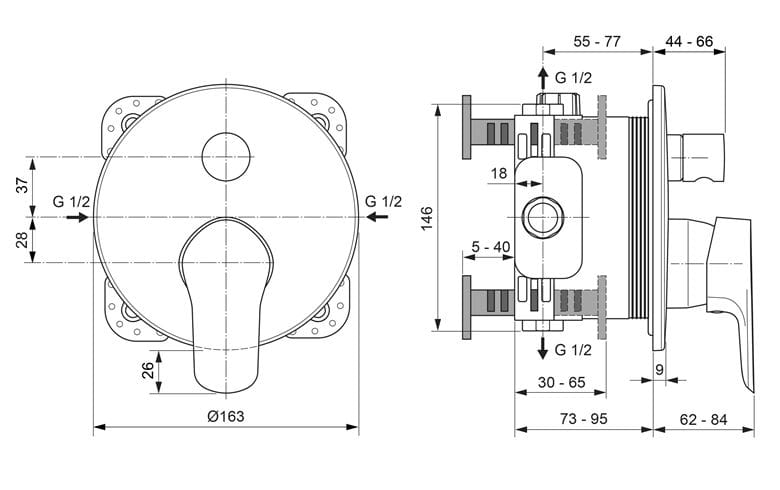 CONCEPT 100 vaňová podomietková batéria, s prepínačom, chróm A7280AA Technický nákres