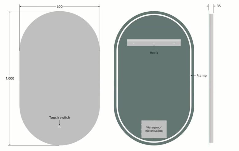 EASY PLUS LED zrkadlo 60x100 cm, s osvetlením, s reguláciou stmievania a teploty svetla, so senzorom EA-OV01-60100 Technický nákres