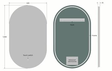 EASY PLUS LED zrkadlo 60x100 cm, s osvetlením, s reguláciou stmievania a teploty svetla, so senzorom EA-OV01-60100 Technický nákres