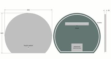 EASY PLUS LED zrkadlo 80x68,3 cm, s osvetlením, s reguláciou stmievania a teploty svetla, so senzorom EA-R01-8068 Technický nákres