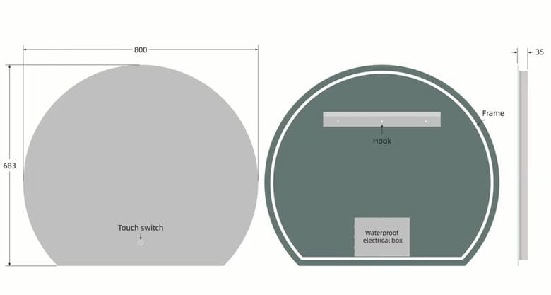 EASY PLUS LED zrkadlo 80x68,3 cm, s osvetlením, s reguláciou stmievania a teploty svetla, so senzorom EA-R01-8068 Technický nákres