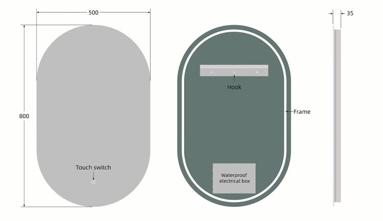 EASY PLUS LED zrkadlo 50x80 cm, s osvetlením, s reguláciou stmievania a teploty svetla, so senzorom EA-OV01-5080 Technický nákres