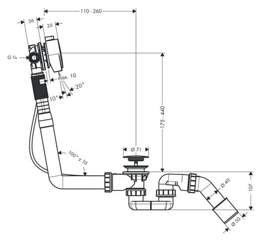 HANSGROHE EXAFILL S vaňový sifón 52 cm, s napúšťaním prepadom, bovden, chróm 58113000 Technický nákres