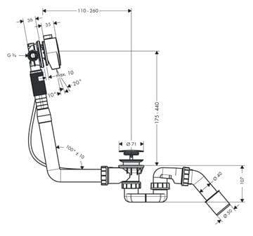 HANSGROHE EXAFILL S vaňový sifón 52 cm, s napúšťaním prepadom, bovden, chróm 58113000 Technický nákres