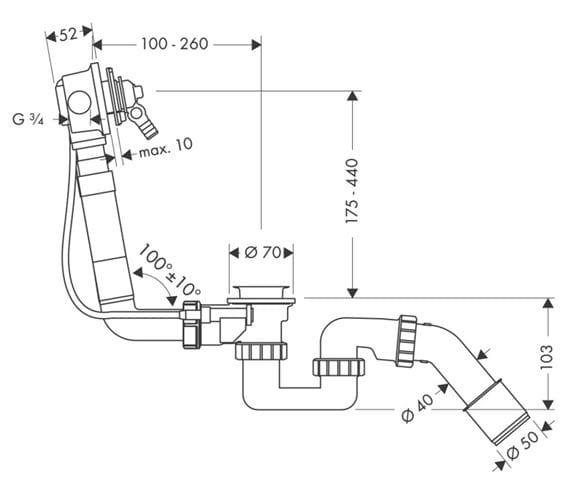 HANSGROHE EXAFILL vaňový sifón 52 cm, s napúšťaním prepadom, bovden 58125180 Technický nákres