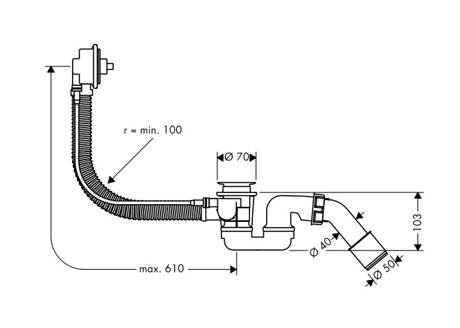 HANSGROHE FLEXAPLUS vaňový sifón 52 cm, bovden 58140180 Technický nákres
