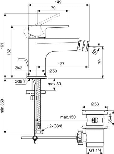 IDEAL STANDARD CERAFINE O bidetová stojanková batéria, s odtokovou súpravou, hodvábna čierna BC705XG Technický nákres