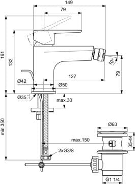IDEAL STANDARD CERAFINE O bidetová stojanková batéria, s odtokovou súpravou, hodvábna čierna BC705XG Technický nákres