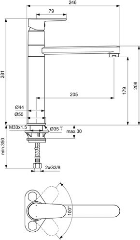 IDEAL STANDARD CERAFINE O drezová batéria, hodvábna čierna BC501XG Technický nákres
