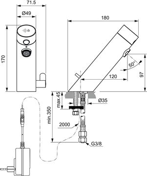 IDEAL STANDARD SENSORFLOW umývadlová senzorová batéria s reguláciou teploty, napájanie zo siete, chróm A7558AA Technický nákres
