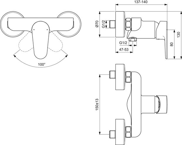IDEAL STANDARD CERAFINE O sprchová nástenná batéria, chróm BC499AA Technický nákres