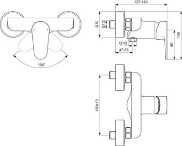 IDEAL STANDARD CERAFINE O sprchová nástenná batéria, chróm BC499AA Technický nákres