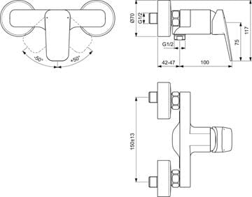 IDEAL STANDARD CERAPLAN sprchová nástenná batéria, chróm BD250AA Technický nákres