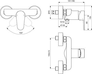 IDEAL STANDARD CERAFINE O sprchová nástenná batéria, hodvábna čierna BC499XG Technický nákres