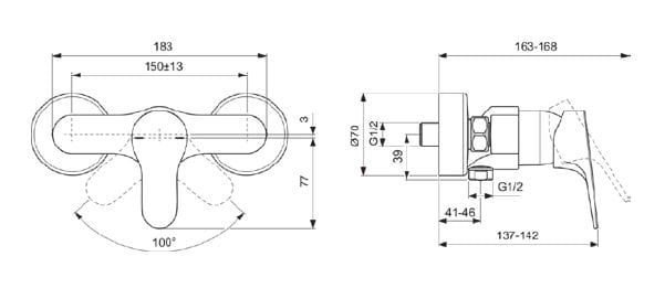 IDEAL STANDARD CERABASE sprchová nástenná batéria, chróm BC842AA Technický nákres