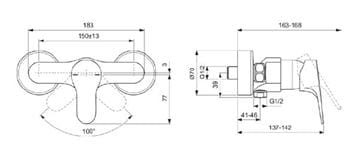 IDEAL STANDARD CERABASE sprchová nástenná batéria, chróm BC842AA Technický nákres