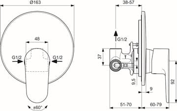 IDEAL STANDARD CERAFINE O sprchová podomíková batéria, s telesom, hodvábna čierna A7192XG Technický nákres