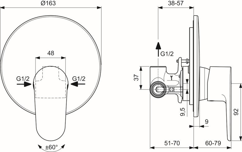 IDEAL STANDARD CERAFINE O sprchová podomíková batéria, s telesom, hodvábna čierna A7192XG Technický nákres