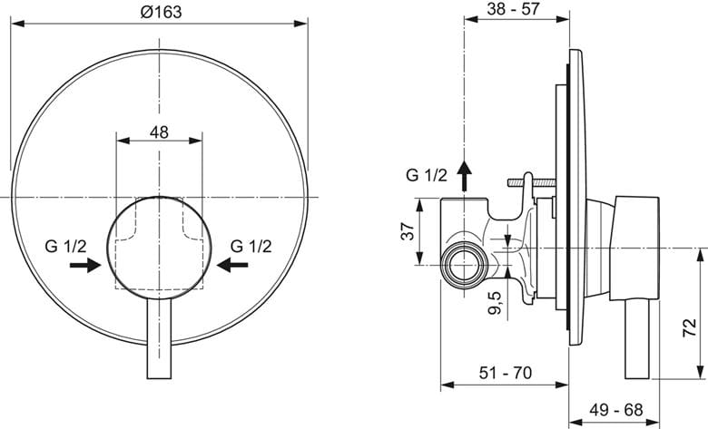IDEAL STANDARD CERAFINE O sprchová podomíková batéria, s telesom, hodvábna čierna A6940XG Technický nákres