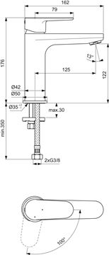 IDEAL STANDARD CERAFINE O umývadlová stojanková batéria, chróm BC700AA Technický nákres