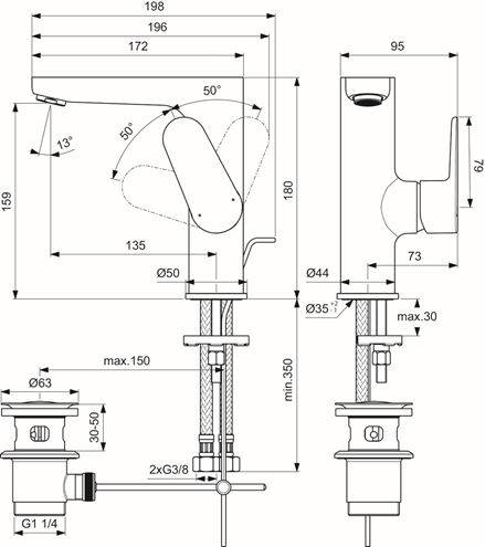 IDEAL STANDARD CERAFINE O umývadlová stojanková batéria, s odtokovou súpravou, chróm BC703AA Technický nákres