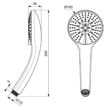 IDEAL STANDARD IDEALRAIN ručná sprcha M3 pr. 100 mm, 3 prúdy, chróm B9403AA Technický nákres