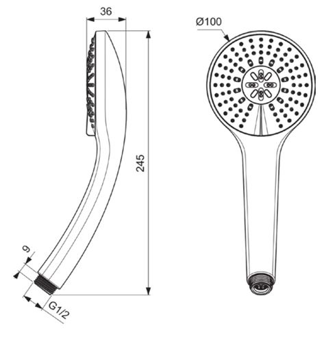 IDEAL STANDARD IDEALRAIN ručná sprcha M3 pr. 100 mm, 3 prúdy, chróm B9403AA Technický nákres