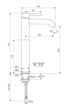 IDEAL STANDARD CERALINE O umývadlová stojanková batéria, hodvábna čierna BC269XG Technický nákres