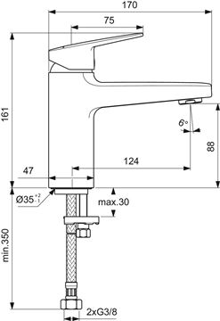 IDEAL STANDARD CERAPLAN umývadlová stojanková batéria, chróm BD222AA Technický nákres