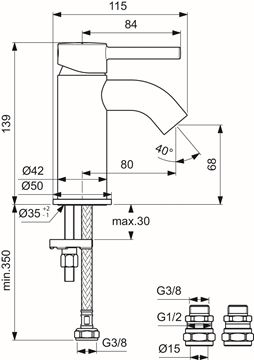 IDEAL STANDARD CERALINE umývadlová stojanková batéria, hodvábna čierna BC185XG Technický nákres