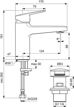 IDEAL STANDARD CERAPLAN umývadlová stojanková batéria, s odtokovou súpravou, chróm BD229AA Technický nákres