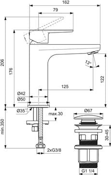 IDEAL STANDARD CERAFINE O umývadlová stojanková batéria, s odtokovou súpravou, hodvábna čierna BD131XG Technický nákres