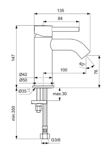 IDEAL STANDARD CERALINE umývadlová stojanková batéria, hodvábna čierna BC268XG Technický nákres