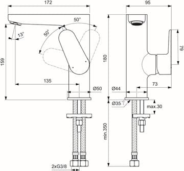 IDEAL STANDARD CERAFINE O umývadlová stojanková batéria, hodvábna čierna BC555XG Technický nákres