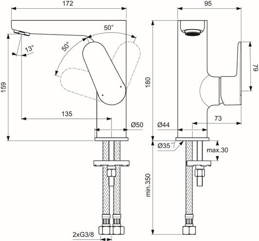 IDEAL STANDARD CERAFINE O umývadlová stojanková batéria, hodvábna čierna BC555XG Technický nákres