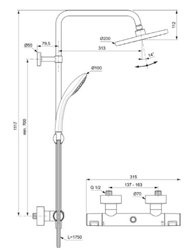 IDEAL STANDARD CERATHERM sprchový set s termostatickou batériou, horná sprcha, ručná sprcha, tyč, hadica, matná čierna A7545XG Technický nákres