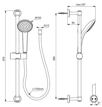 IDEAL STANDARD IDEALRAIN sprchová súprava 3-dielna, ručná sprcha pr. 100 mm, tyč, hadica, matná čierna BD142XG Technický nákres
