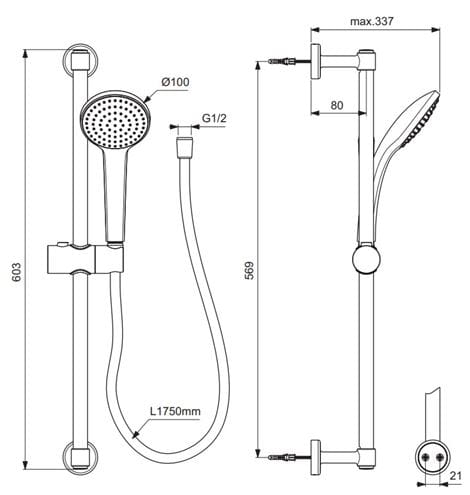 IDEAL STANDARD IDEALRAIN sprchová súprava 3-dielna, ručná sprcha pr. 100 mm, tyč, hadica, matná čierna BD142XG Technický nákres