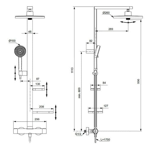 IDEAL STANDARD CERATHERM ALU+ sprchový set s termostatickou batériou, horná sprcha, ručná sprcha s 2 prúdmi, tyč, hadica, matná čierna BD583XG Technický nákres