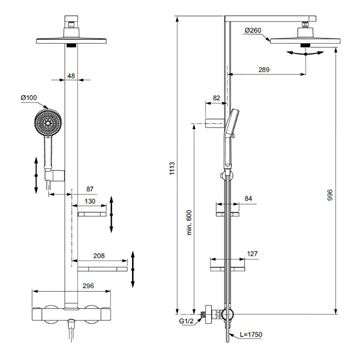 IDEAL STANDARD CERATHERM ALU+ sprchový set s termostatickou batériou, horná sprcha, ručná sprcha s 2 prúdmi, tyč, hadica, matná čierna BD583XG Technický nákres