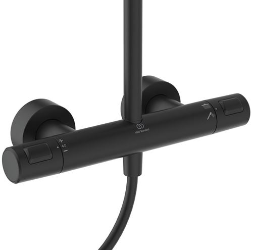 IDEAL STANDARD CERATHERM T25+ sprchový set s termostatickou batériou, horná sprcha, ručná sprcha s 2 prúdmi, tyč, hadica, matná čierna A7210XG Obrázek - fotka