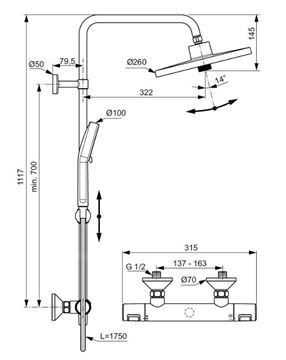 IDEAL STANDARD CERATHERM T25+ sprchový set s termostatickou batériou, horná sprcha, ručná sprcha s 2 prúdmi, tyč, hadica, matná čierna A7210XG Technický nákres