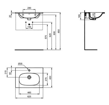 IDEAL STANDARD TESI umývadlo 62,5 cm, s otvorom pre batériu a prepadom, čierna T3510V3 Technický nákres