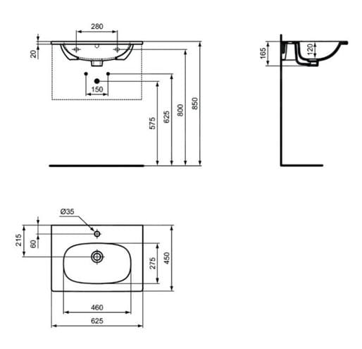 IDEAL STANDARD TESI umývadlo 62,5 cm, s otvorom pre batériu a prepadom, čierna T3510V3 Technický nákres