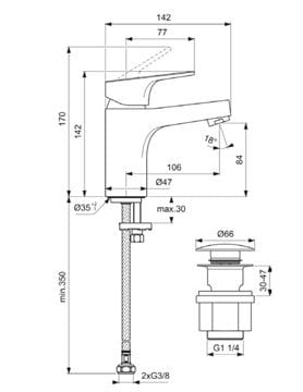 IDEAL STANDARD CERABASE umývadlová stojanková batéria, s odtokovou súpravou, chróm BD077AA Technický nákres