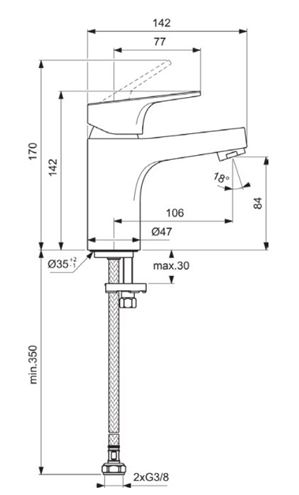IDEAL STANDARD CERABASE umývadlová stojanková batéria, chróm BC827AA Technický nákres